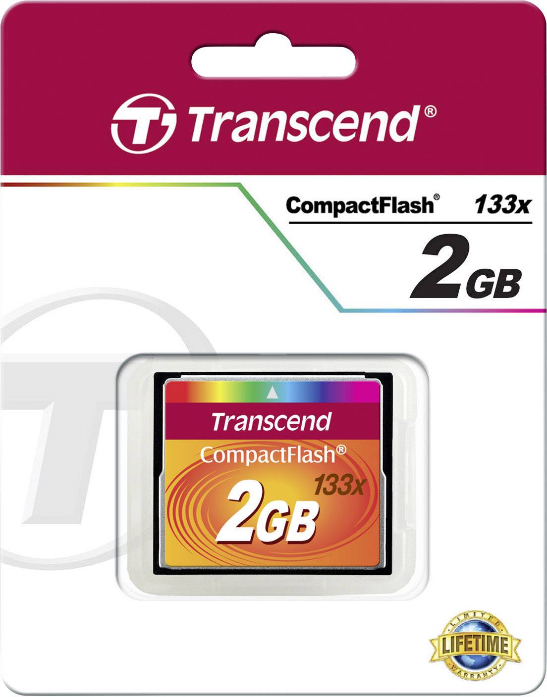 Balení paměťové karty Transcend CompactFlash s kapacitou 2 GB a rychlostí 133x, včetně doživotní záruky.