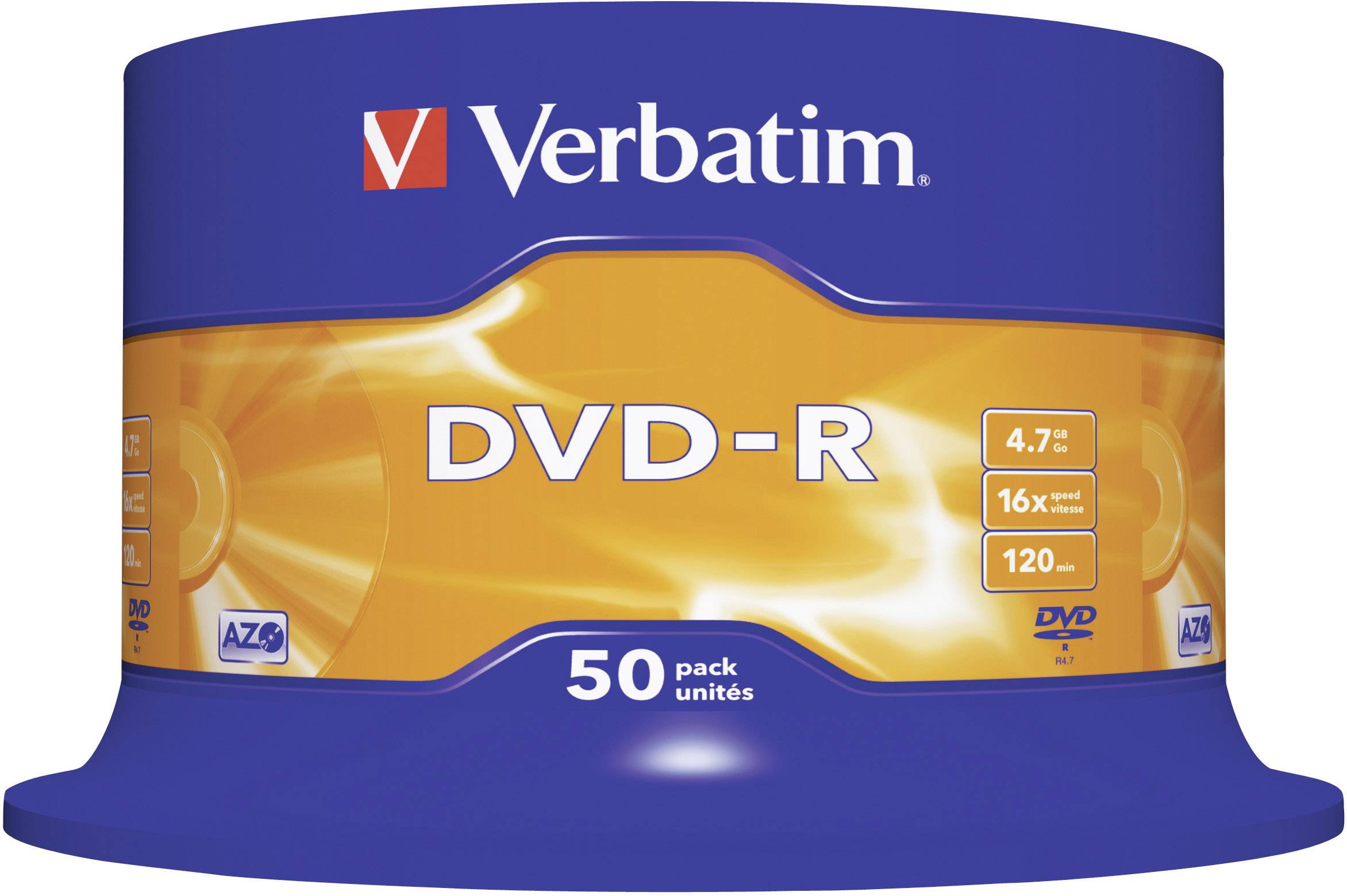 Vřeteno s 50 DVD-R disků Verbatim, kapacita 4,7 GB, rychlost zápisu 16x. Balení v modré a oranžové barvě.
