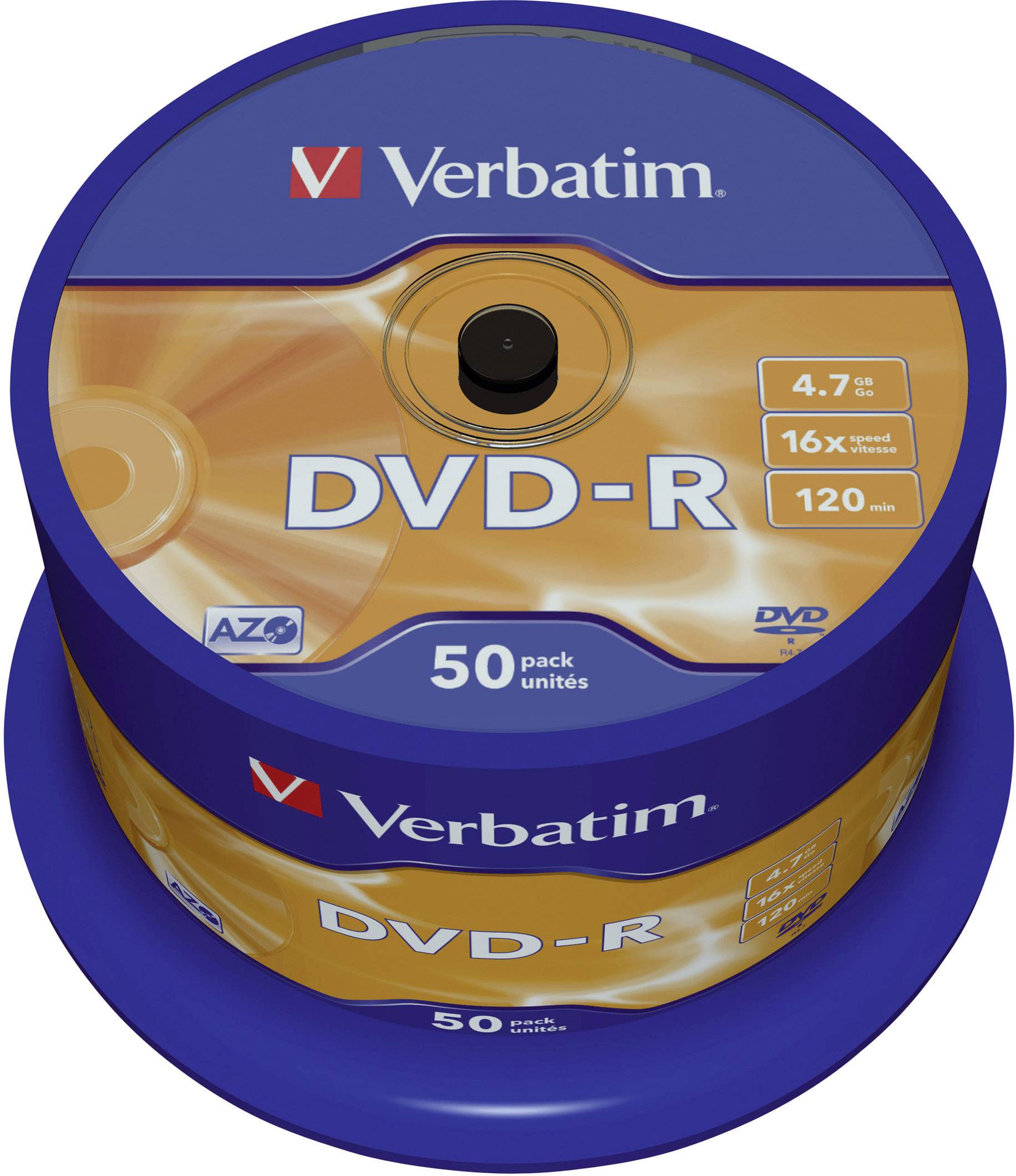 50ks balení Verbatim DVD-R disků s kapacitou 4,7 GB a zápisovou rychlostí 16x, umístěných na modrém ukládacím stojanu.