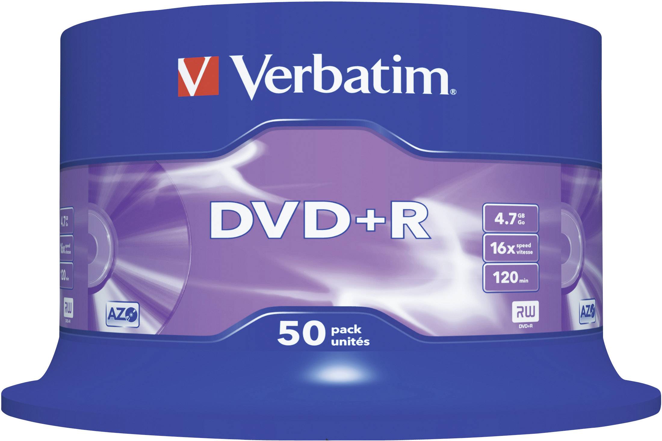 'Verbatim DVD+R balení 50 kusů, 4,7 GB, rychlost 16x, 120 minut.'
