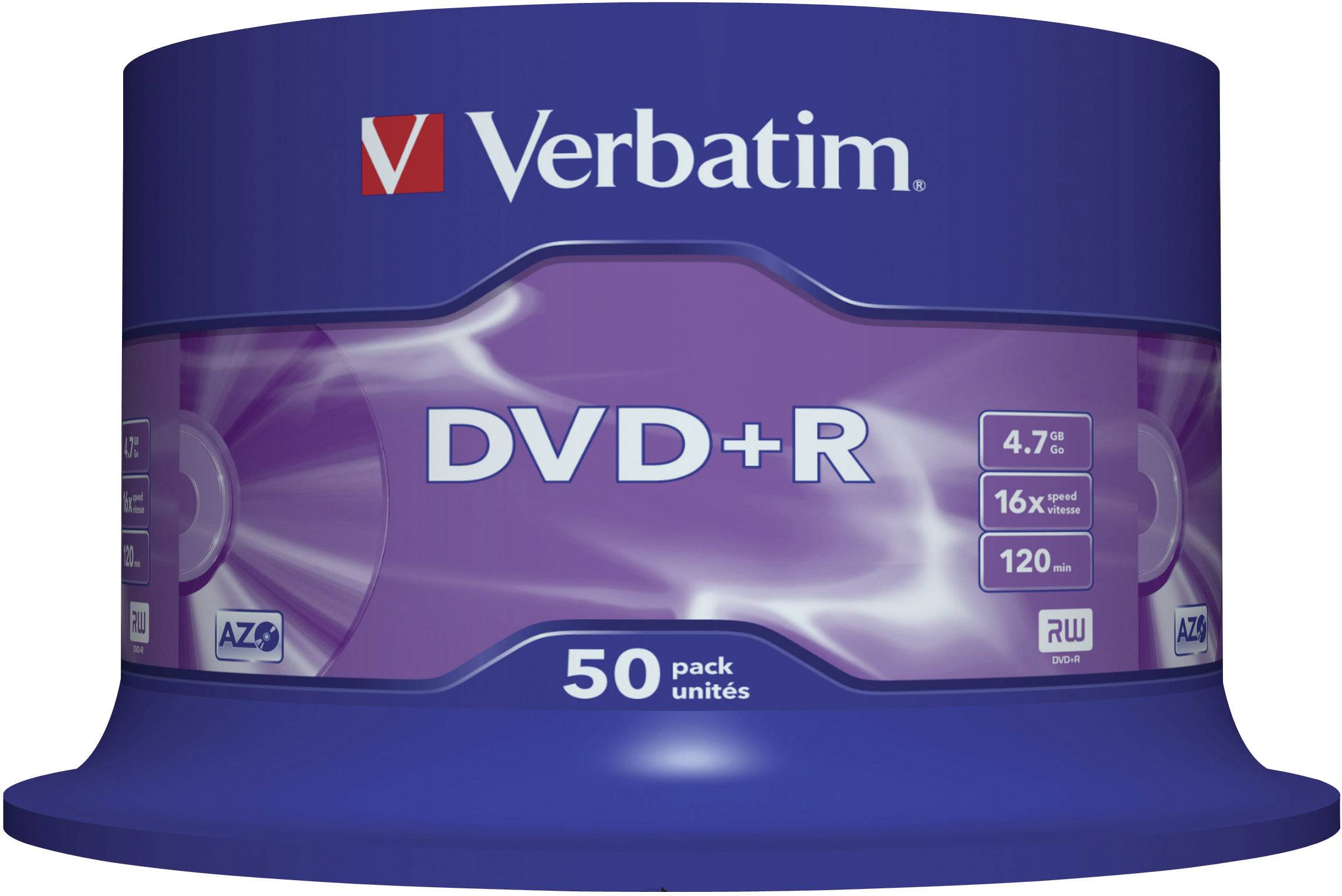 Balení 50 ks DVD+R disků Verbatim, s kapacitou úložiště 4,7 GB, zápisovou rychlostí 16x, vhodné pro nahrávky až 120 minut.