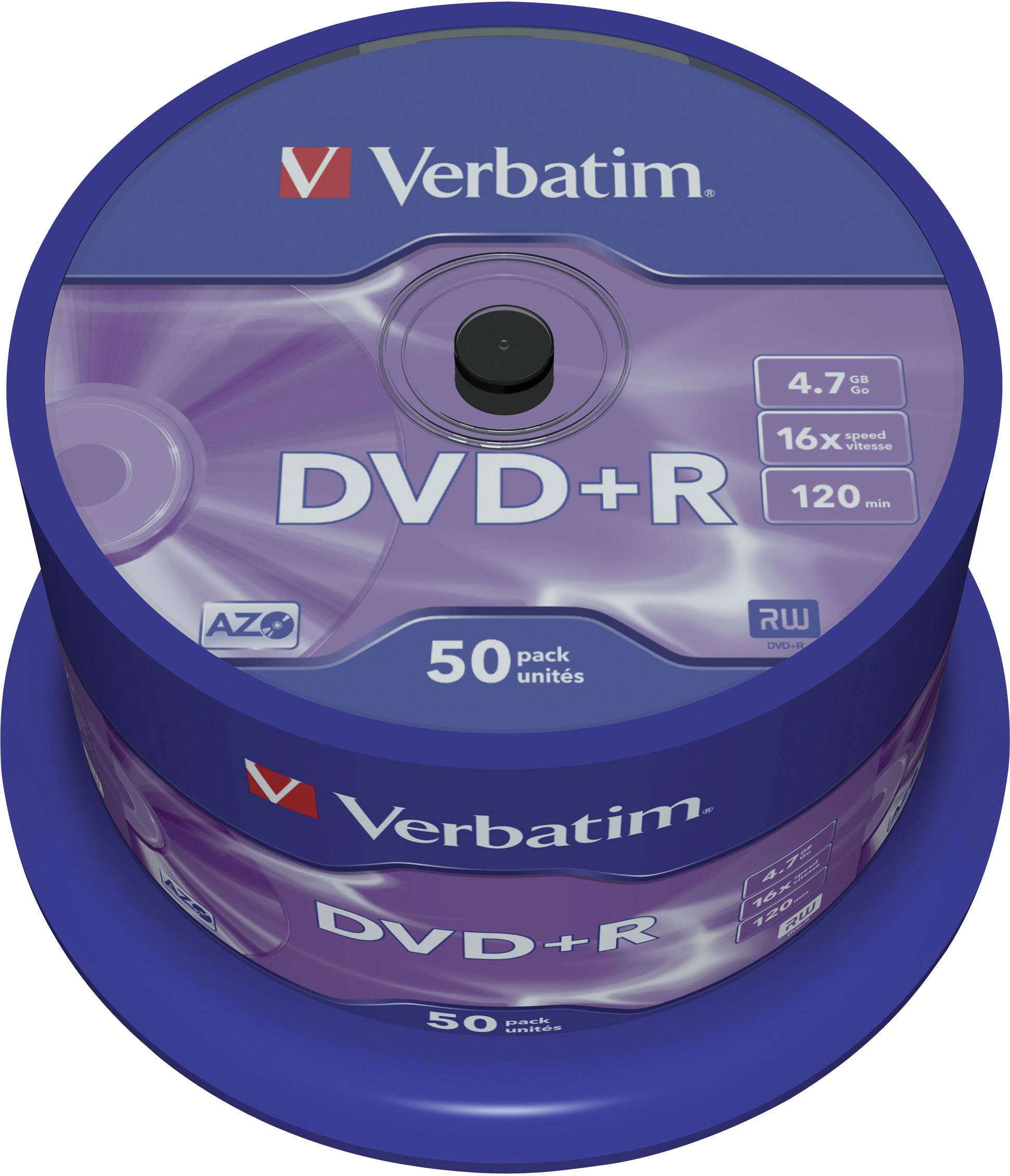 Balení 50 ks Verbatim DVD+R, kapacita 4,7 GB, rychlost zápisu 16x, doba nahrávání 120 minut.