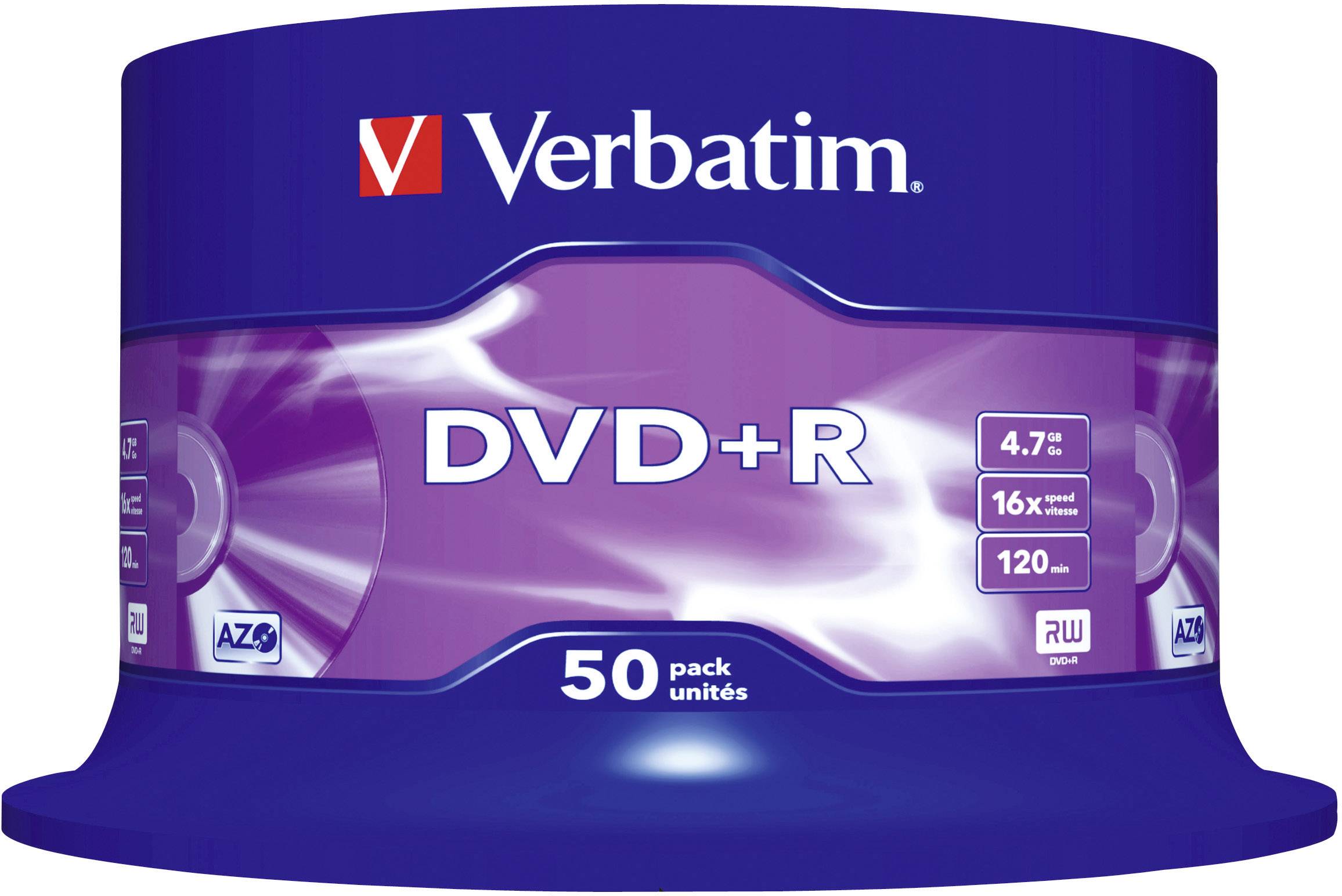 Kulatý obal s 50 kusy prázdných disků DVD+R Verbatim, 4,7 GB, rychlost 16x, kapacita 120 minut.