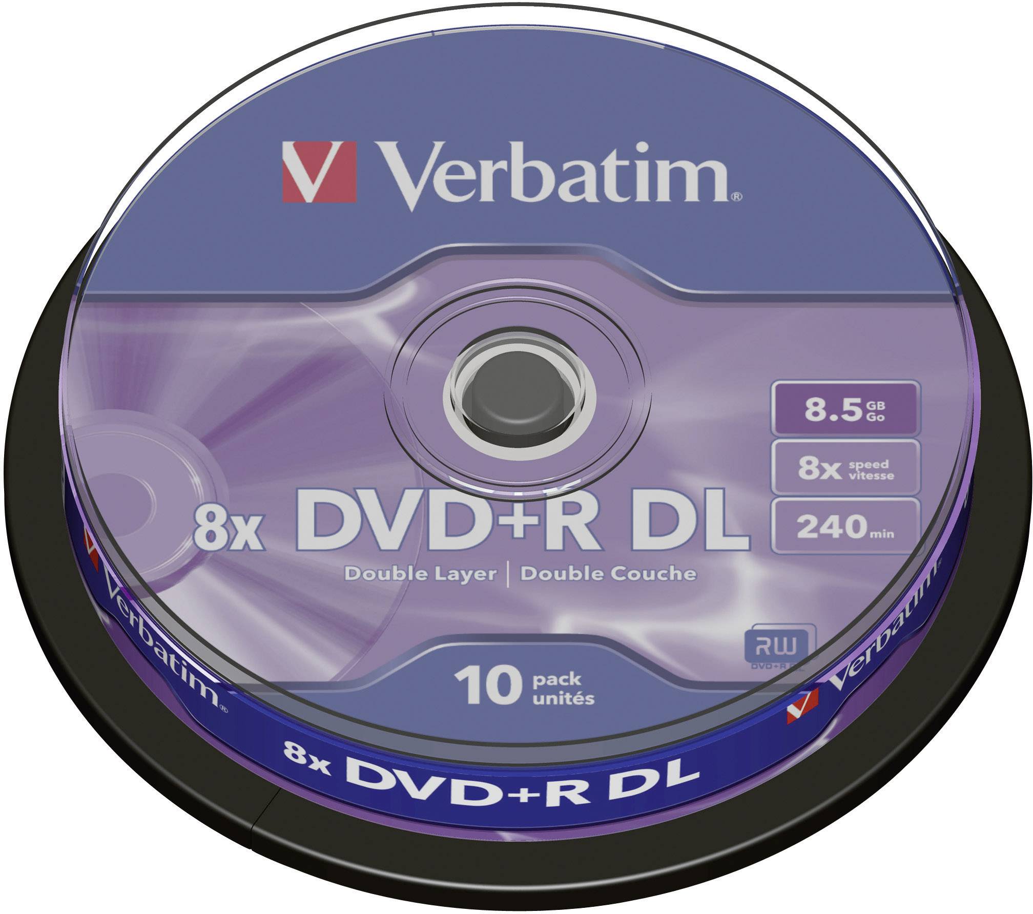 Fialový obal DVD+R DL od Verbatimu. Údaje: 8,5 GB úložiště, rychlost zápisu 8x, 240 minut, balení po 10 kusech.