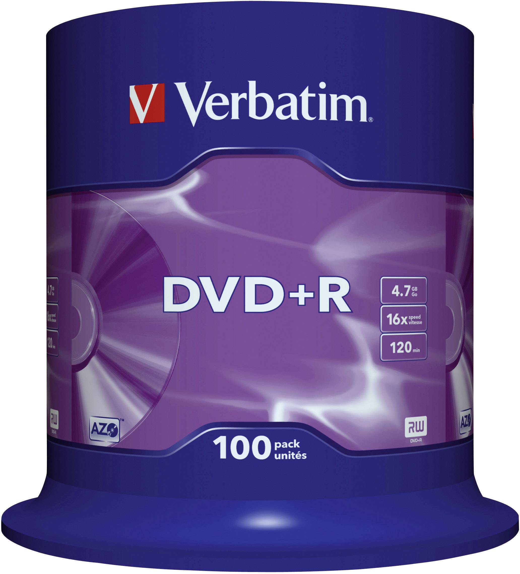 Verbatim DVD+R média v balení 100 disků, každý s kapacitou 4,7 GB, vhodné pro zápis rychlostí až 16x.