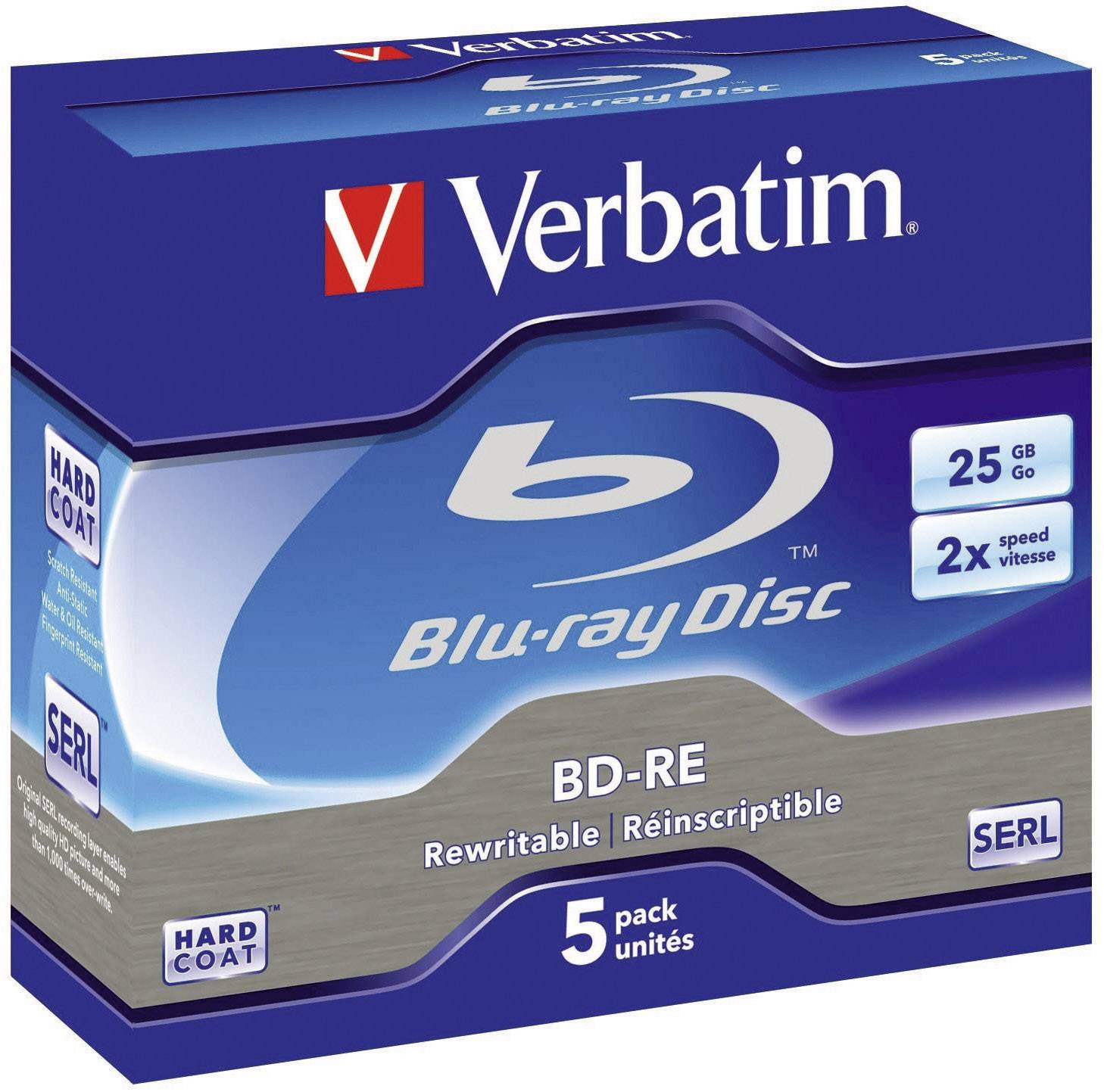 Verbatim BD-RE 25 GB Blu-ray disk, přepisovatelný, 2x rychlost, balení po 5 kusech. Balení obsahuje logo Blu-ray disku.