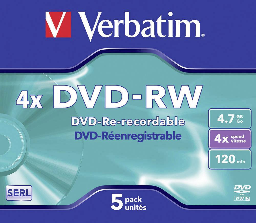 Verbatim 4x DVD-RW, přepisovatelné, kapacita 4,7 GB, 120 minut, balení 5 kusů, vysoká rychlost zápisu 4x.