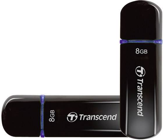 Dva černé USB flash disky značky Transcend o kapacitě 8 GB.