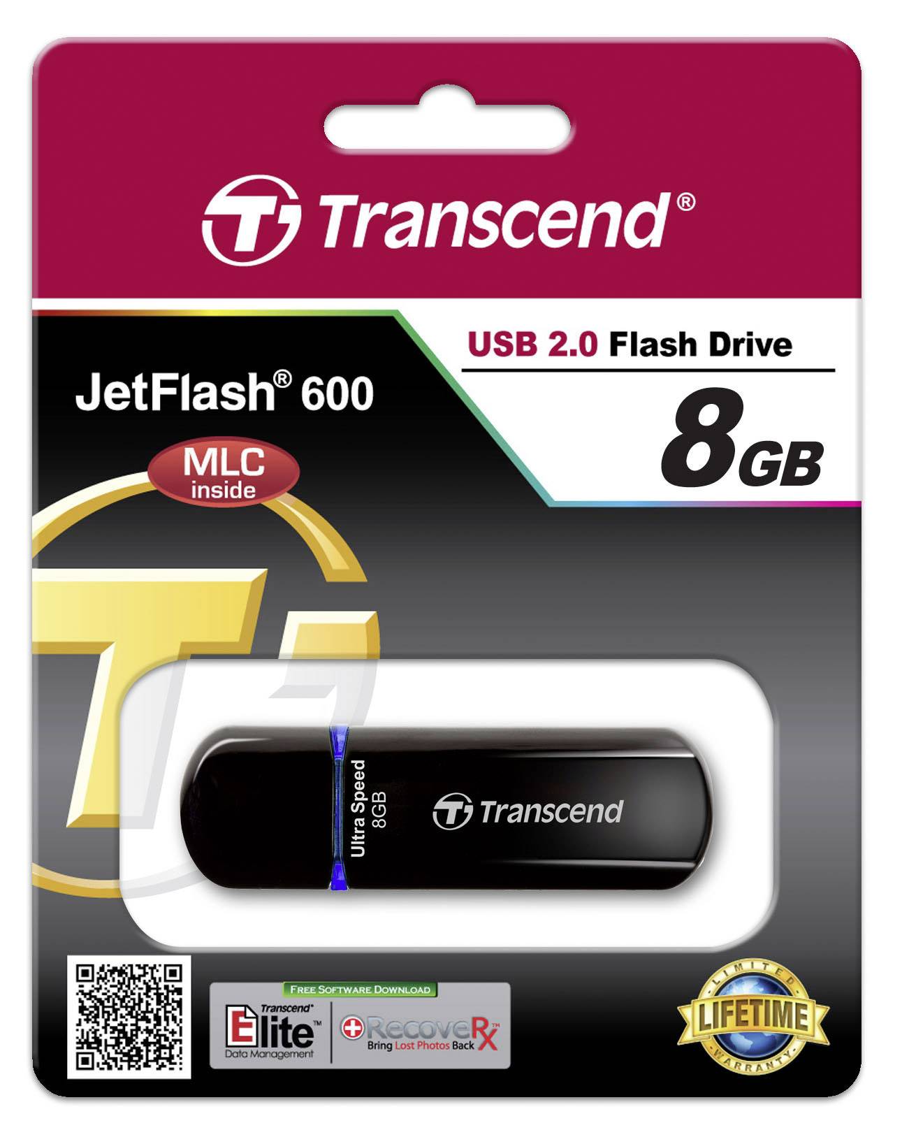 USB flash disk Transcend JetFlash 600, 8 GB, USB 2.0, v balení. Obsahuje software pro zálohování dat. Doživotní záruka.