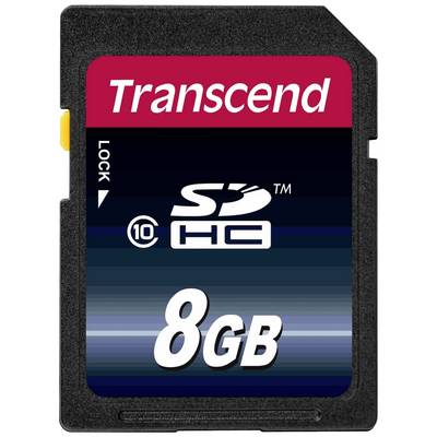 Paměťová karta Transcend SDHC o kapacitě 8 GB, třída 10, na tmavě modrém pozadí.