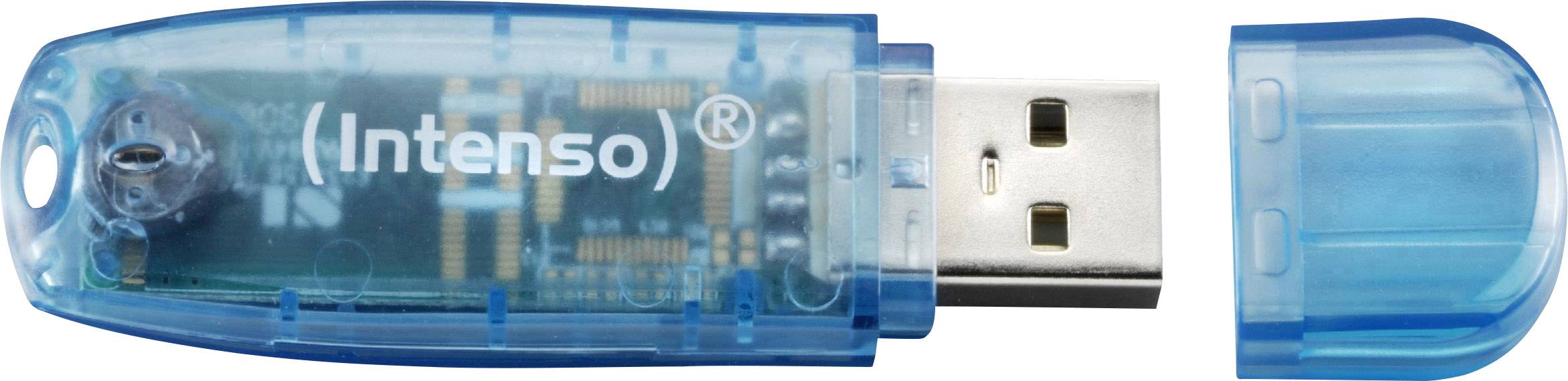 USB flash disk s průhledným modrým tělem a nápisem 'Intenso'.