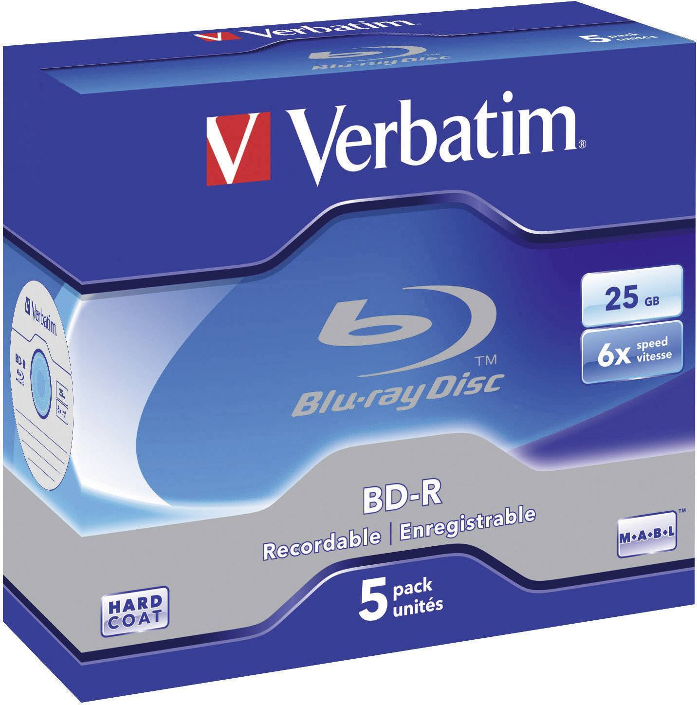 Verbatim BD-R Blu-ray disky, 25 GB, 6x rychlost, balení po 5 kusech, tvrzený povrch, uložené v modré krabičce.