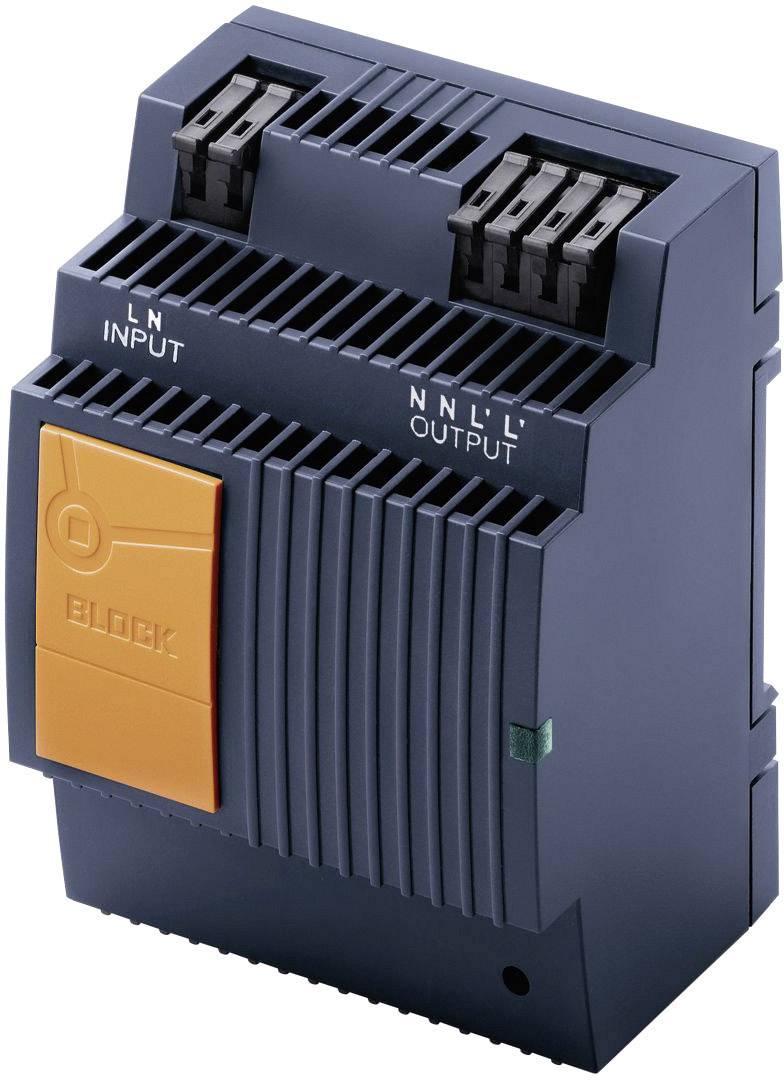 Modré elektronické zařízení s oranžovým přepínačem, označené štítky 'INPUT' a 'OUTPUT' pro připojení.