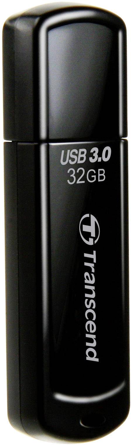 USB flash disk Transcend s kapacitou 32 GB. Označený jako 'USB 3.0' pro rychlý přenos dat.