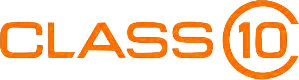Obrázek zobrazuje oranžové logo s textem 'CLASS 10' velkými písmeny. Číslice '0' v '10' je obklopena kruhem.