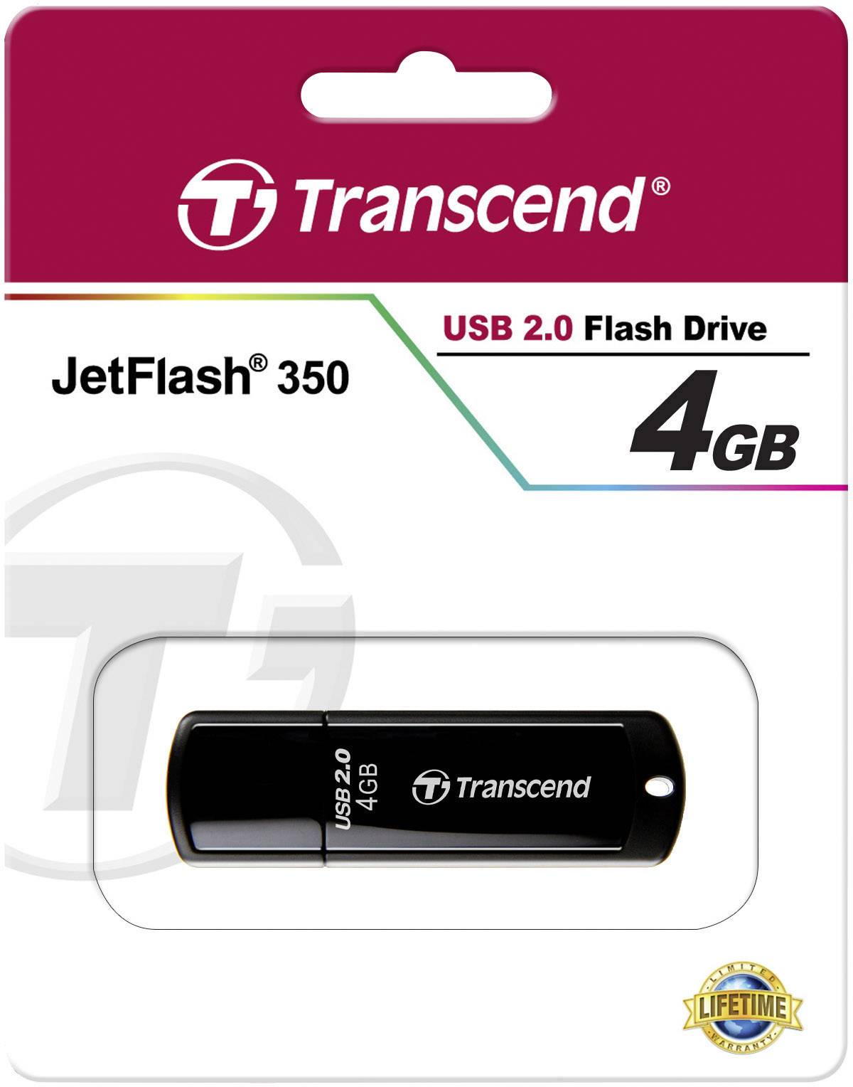 USB flash disk Transcend, model JetFlash 350, s kapacitou 4 GB. Obal zobrazuje produkt a loga.
