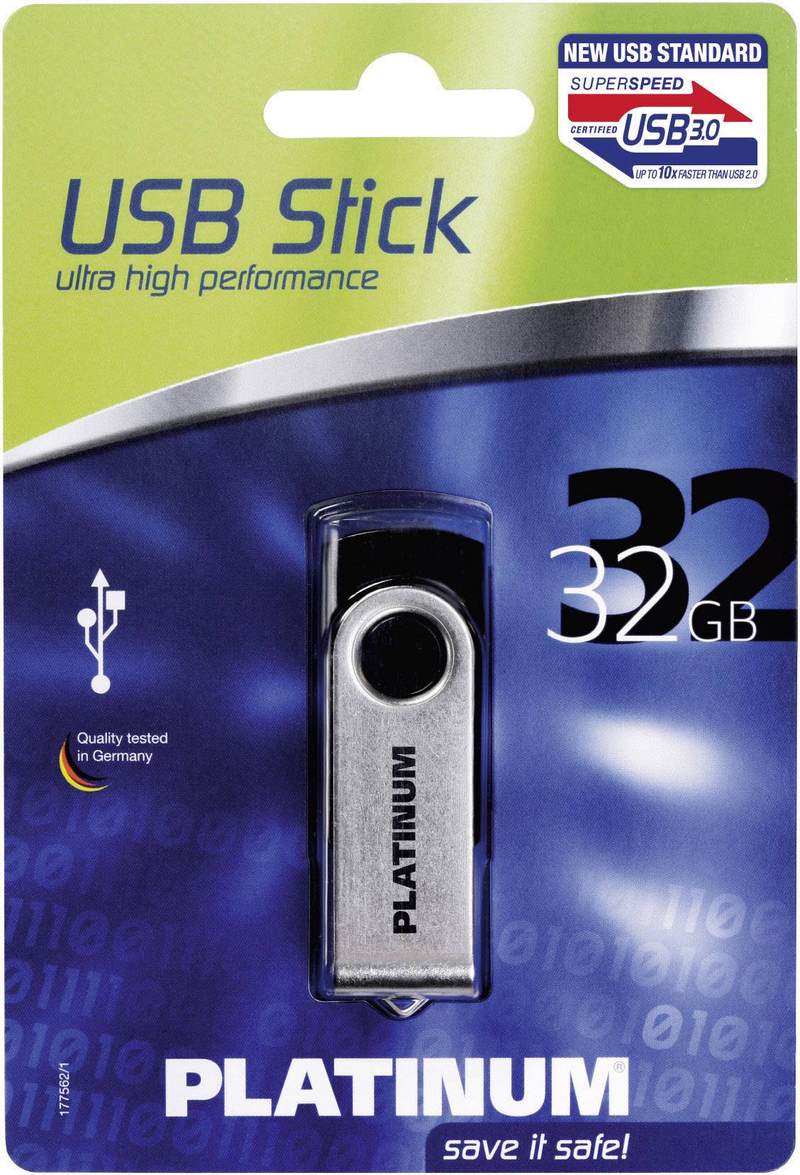 USB flash disk, 32 GB, značka 'Platinum', zvýrazněné vlastnosti: ultra rychlý výkon, kvalita testována v Německu.