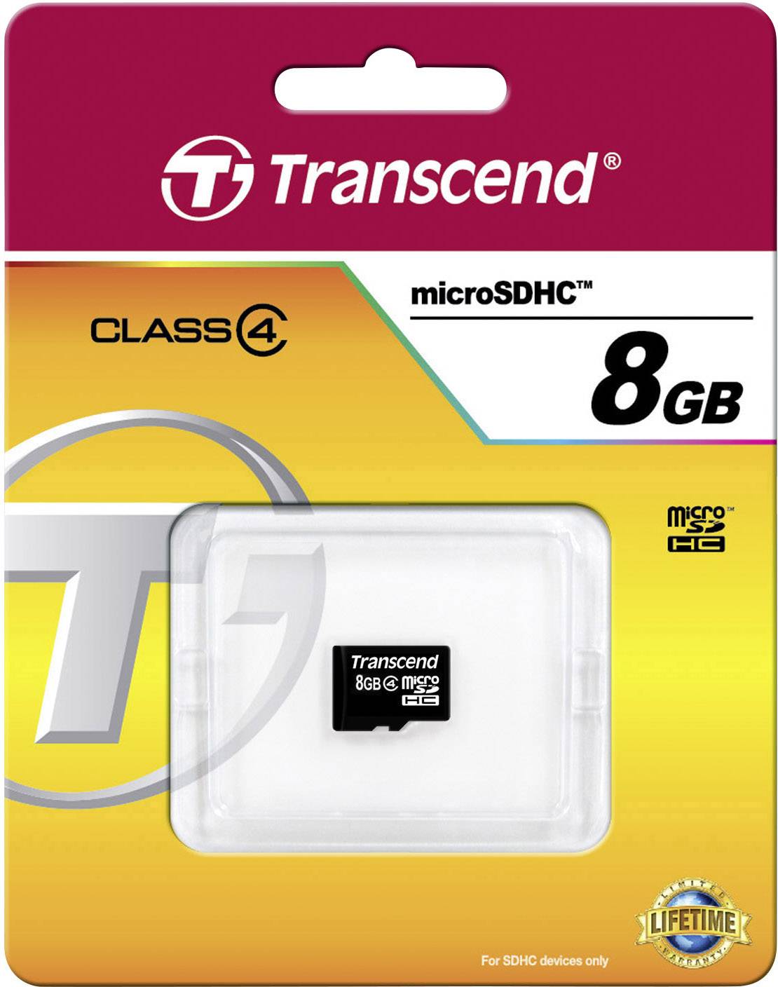 Paměťová karta Transcend microSDHC o kapacitě 8 GB, třída 4. Balení obsahuje logo a upozornění na doživotní záruku.