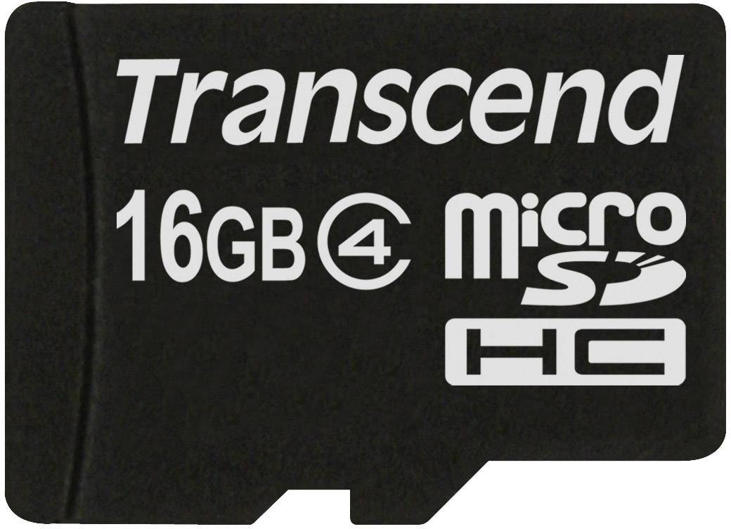 Černá paměťová karta Transcend MicroSD, kapacita 16GB, třída 4, vhodná pro rozšíření úložiště a vysokorychlostní použití.