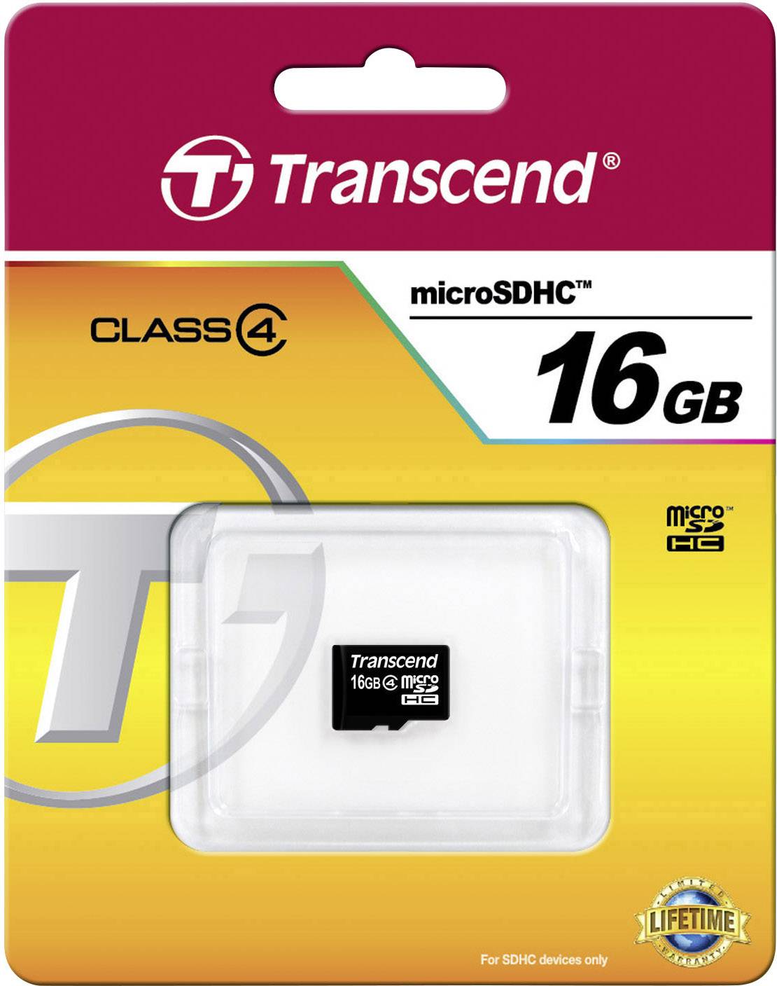 Obal paměťové karty Transcend microSDHC, 16 GB, třída 4. Obsahuje logo, obrázek karty v plastovém držáku.