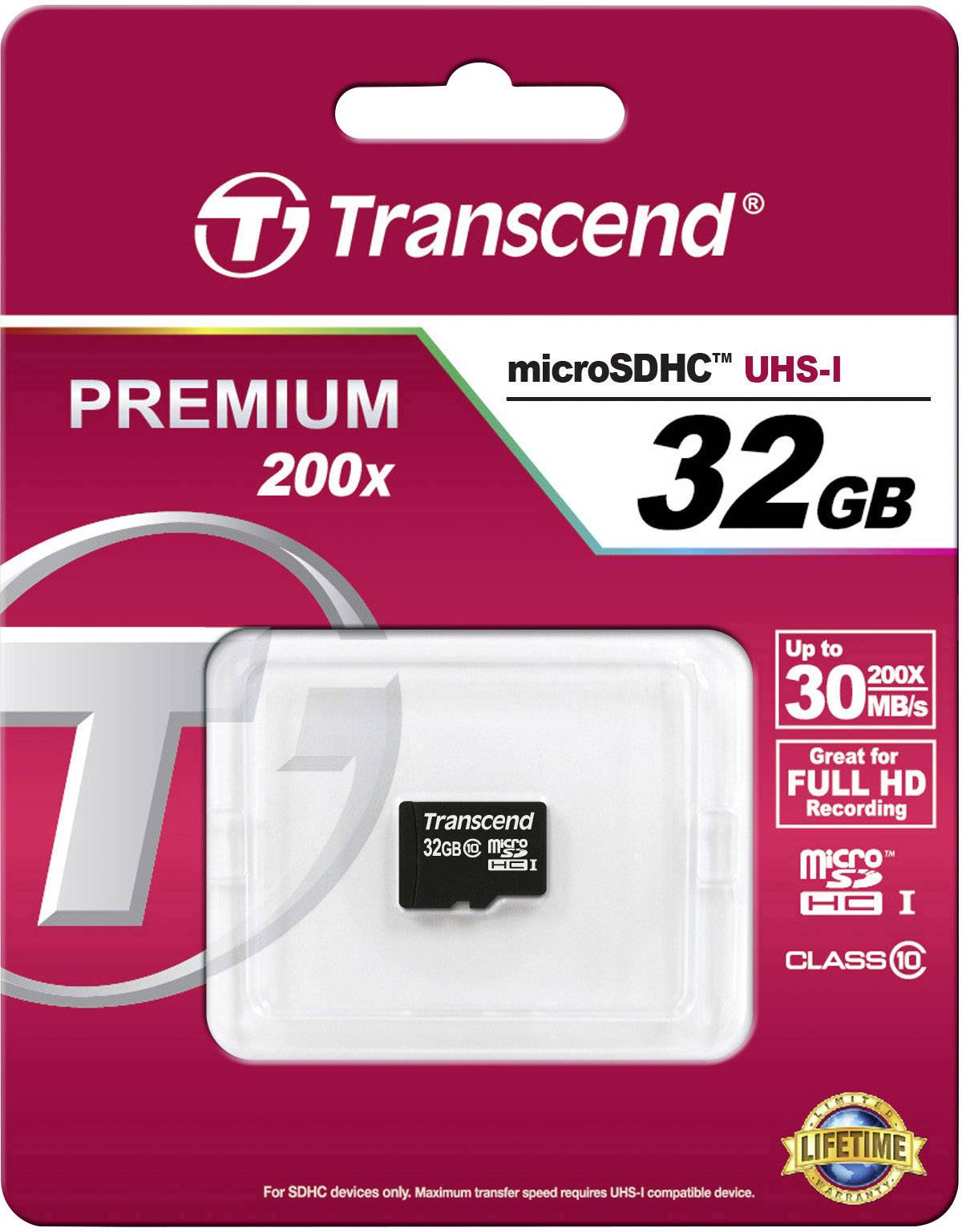 Transcend microSDHC Premium 32GB paměťová karta v plastovém obalu, vhodná pro Full HD nahrávání s rychlostí až 30 MB/s, třída 10.