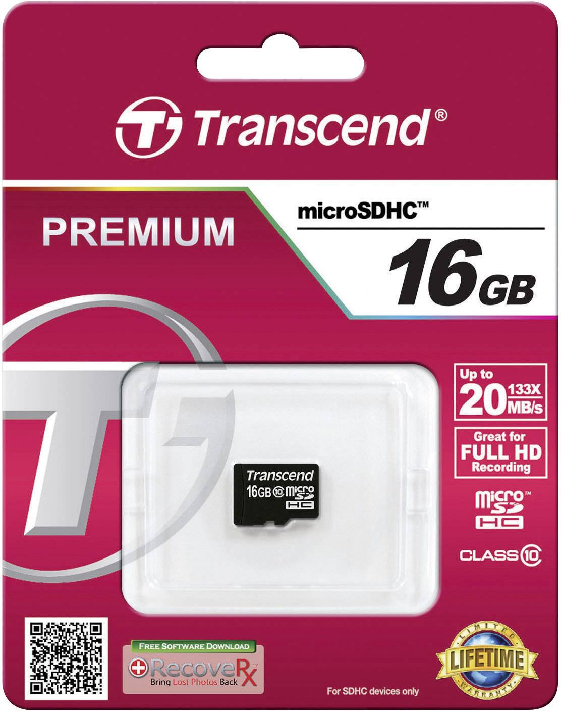 Balení paměťové karty Transcend microSDHC, 16 GB, s přenosovou rychlostí až 20 MB/s, vhodné pro nahrávání Full-HD videí.