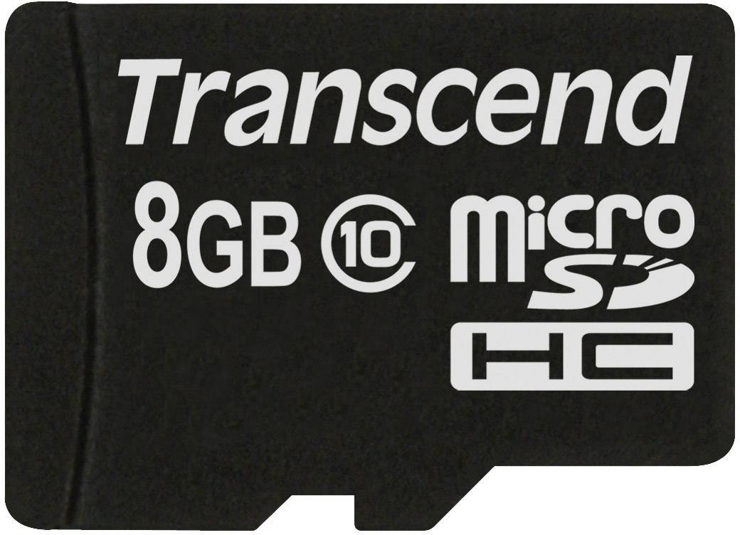 Černá microSD karta s nápisem 'Transcend 8GB MicroSD HC třída 10'.