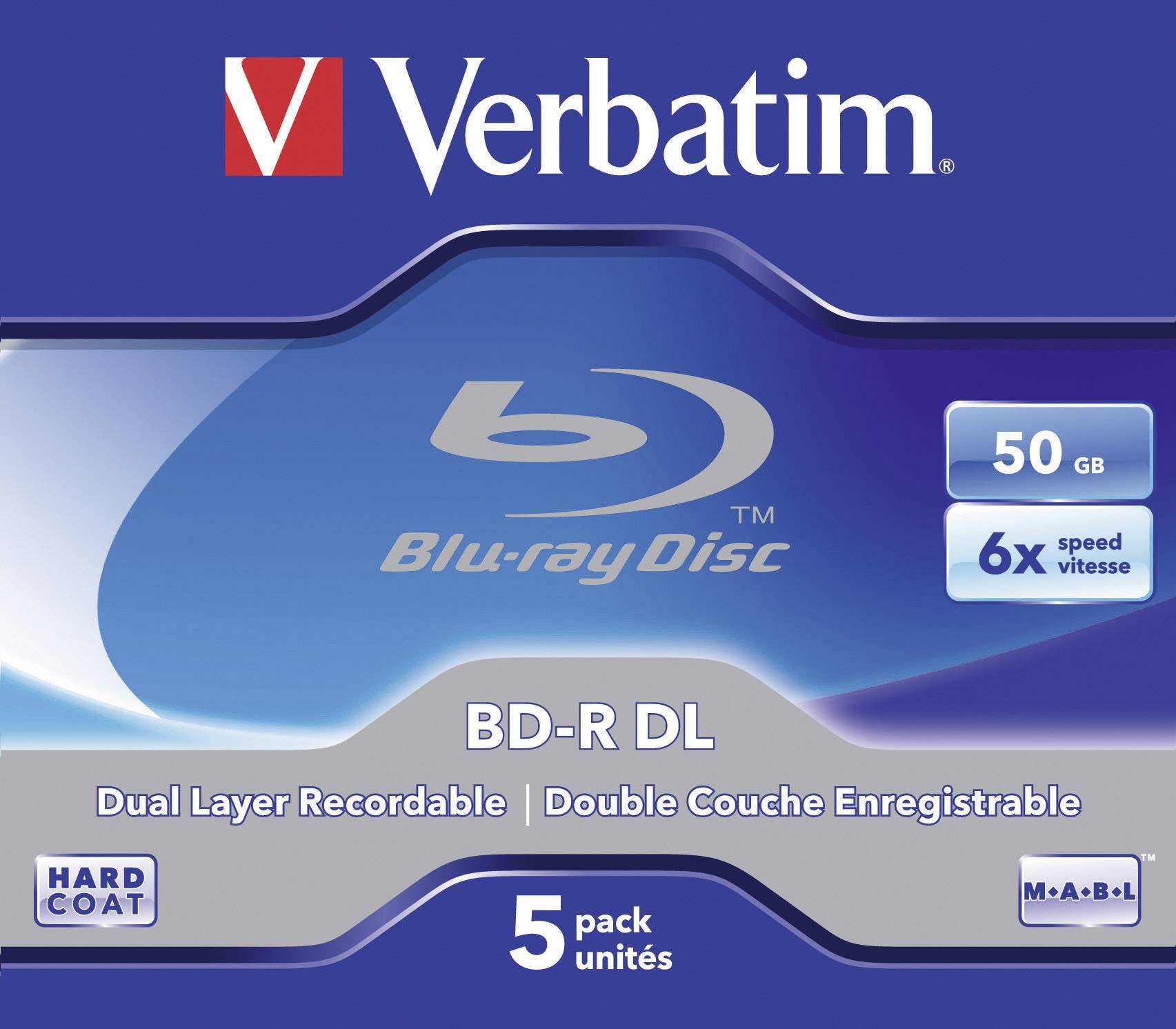 Modrý Verbatim Blu-ray disk BD-R DL s 50 GB, 6x rychlostí a tvrzeným povrchem. Nápis: 'Dual Layer Recordable'. Balení pro 5 disků.