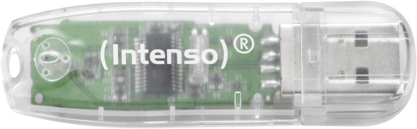 USB flash disk značky 'Intenso' s průhledným obalem, skrz který jsou viditelné zelené elektronické obvody.