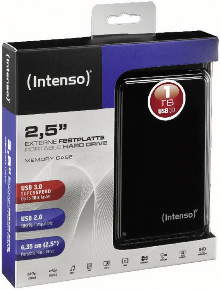 Externí pevný disk, 2,5 palce, 1 TB úložiště, USB 3.0, Intenso. Balení v černé a modré barvě s technickými detaily a logy.
