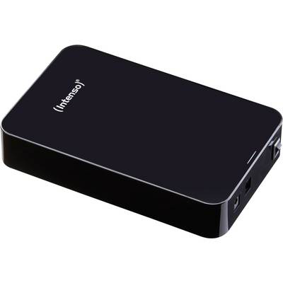 Externí pevný disk od Intenso, černý, obdélníkový, zobrazující USB a napájecí konektor na straně.