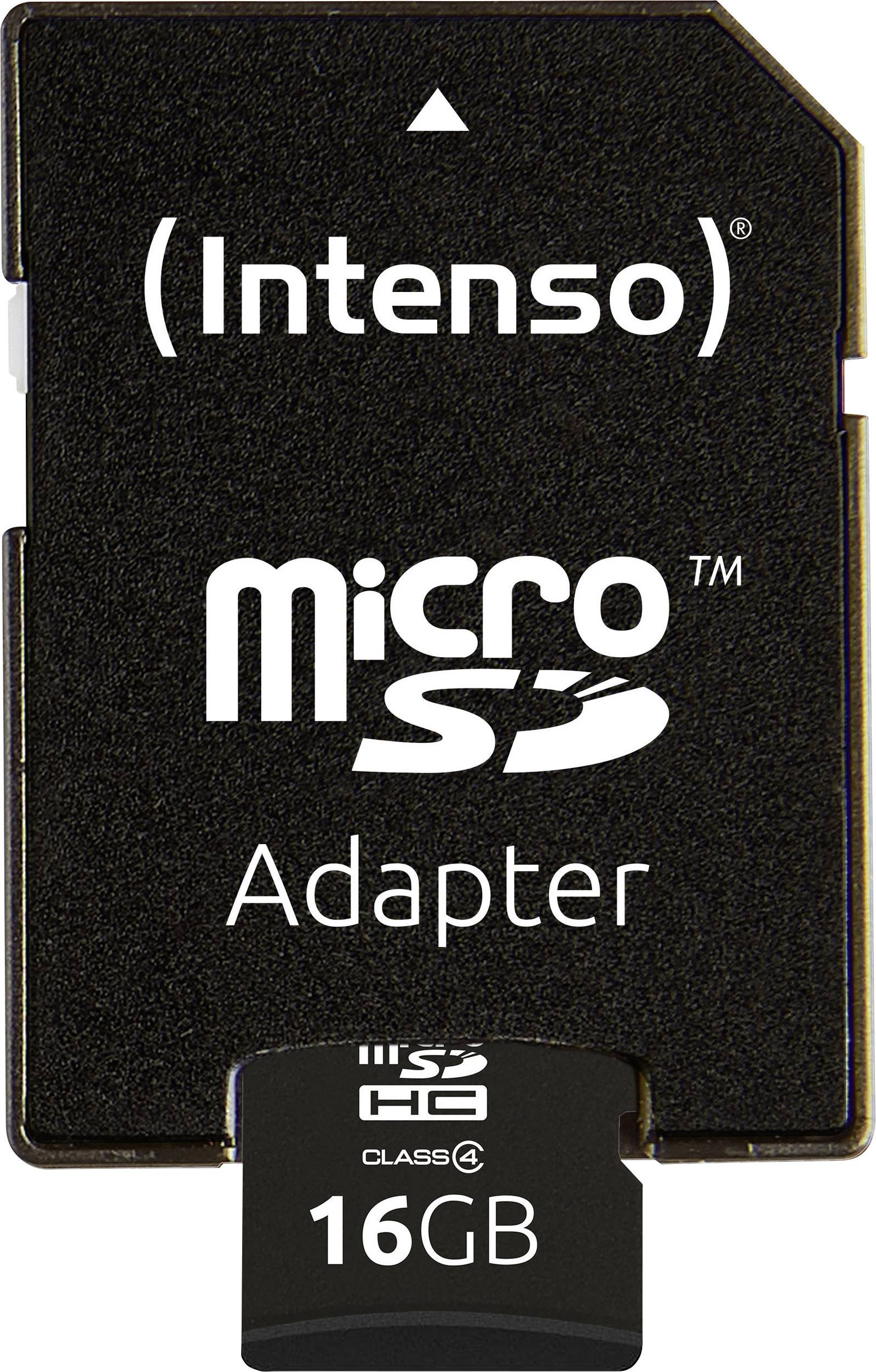Černý adaptér na microSD kartu s textem 'Intenso microSD Adapter' a menší kartou vloženou uvnitř, označenou '16GB'.