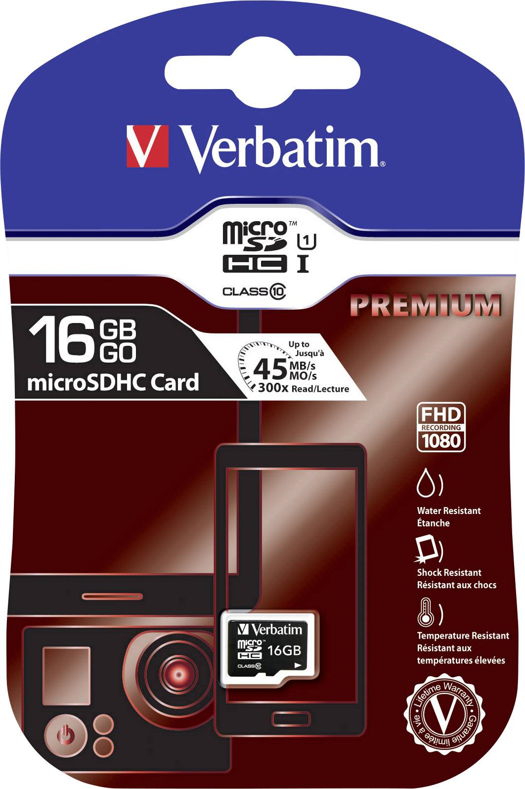 Verbatim 16GB microSDHC karta, třída 10, až 45 MB/s rychlost čtení, vodotěsná, nárazuvzdorná a odolná teplotním výkyvům, vhodná pro Full HD 1080p.