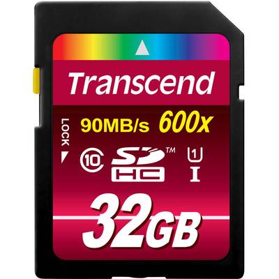 Paměťová karta od značky 'Transcend' o kapacitě 32 GB, třídy 10, UHS-I, nabízí rychlost až 90 MB/s a je vhodná pro zařízení kompatibilní s SDHC.