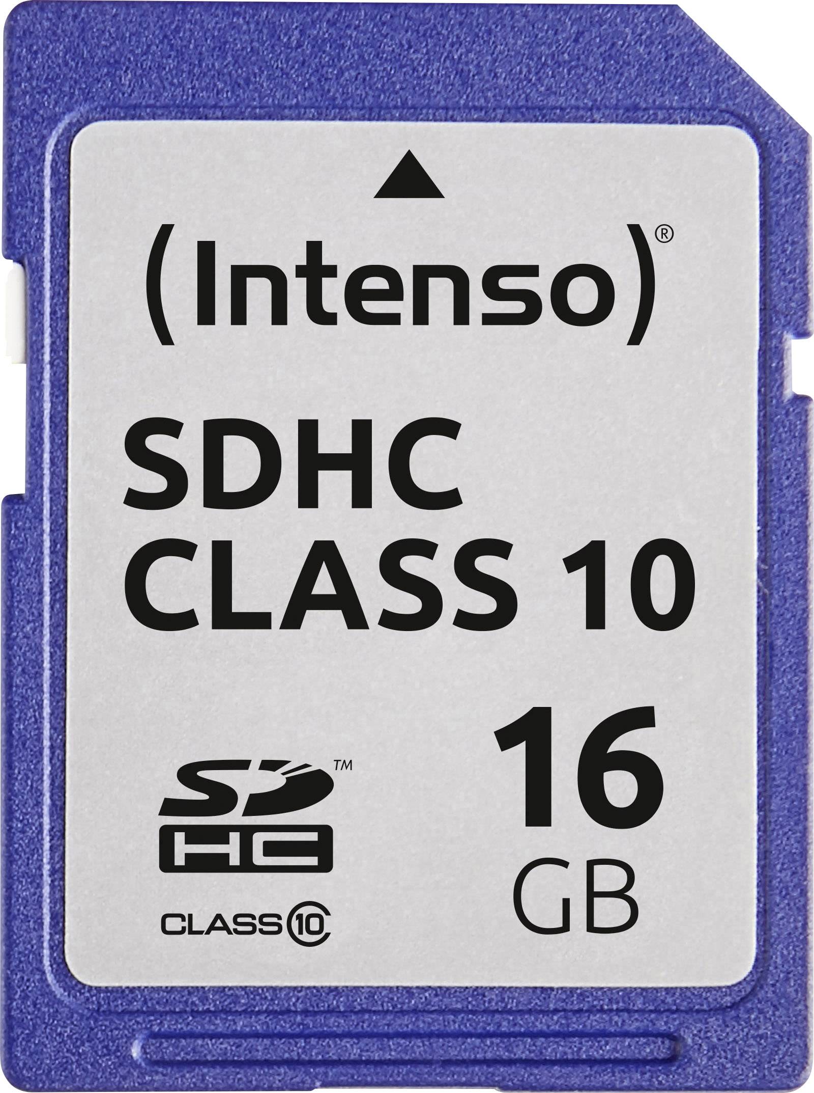 Paměťová karta SD od Intenso, typ SDHC Class 10, velikost úložiště 16 GB, modré provedení.