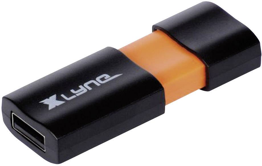 Černý USB flash disk s oranžovým jádrem a nápisem 'XLYNE'.
