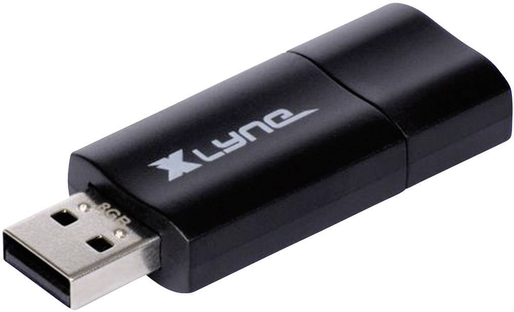 Černý USB flash disk s nápisem 'XLYNE' o kapacitě 8 GB.