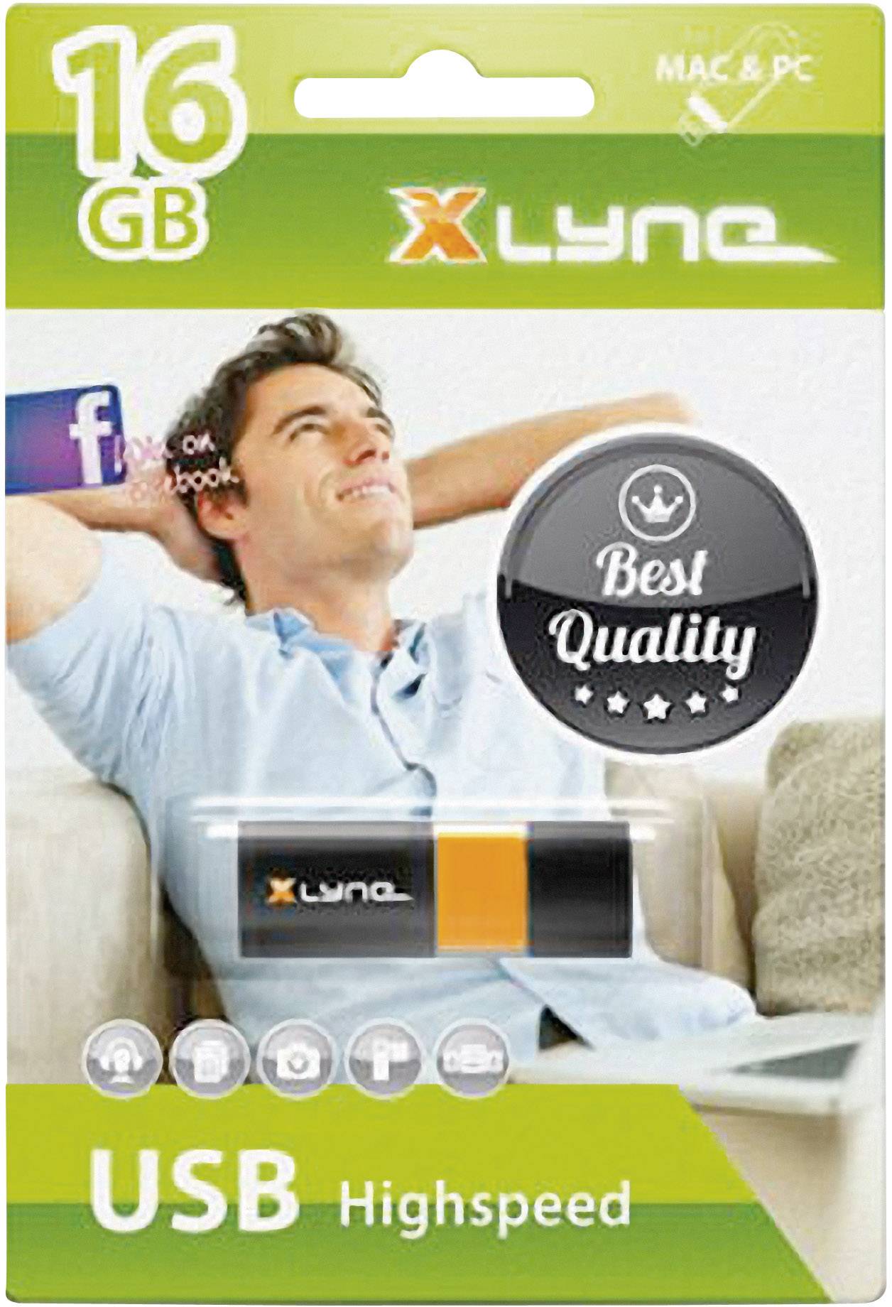 Obal USB flash disku 16 GB značky. Obsahuje obrázek odpočívajícího muže. Nápis: Vysoká rychlost, Nejlepší kvalita.