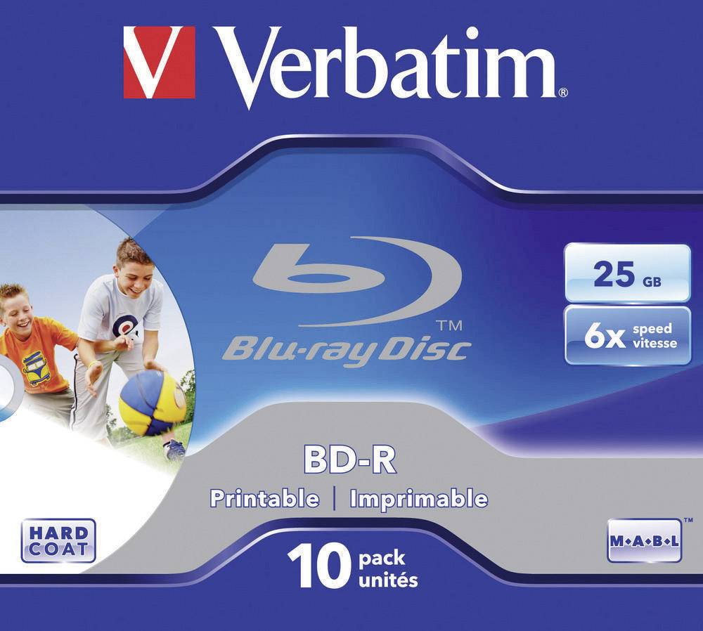 Verbatim Blu-ray disk balení s 10 tisknutelnými BD-R disky, 25 GB úložiště, 6x rychlost zápisu.