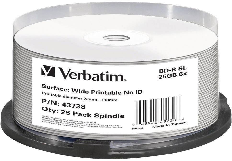 Spindle s 25 BD-R disky od Verbatimu, 25 GB kapacita, 6x rychlost zápisu, zapisovatelné, vhodné pro potisk.