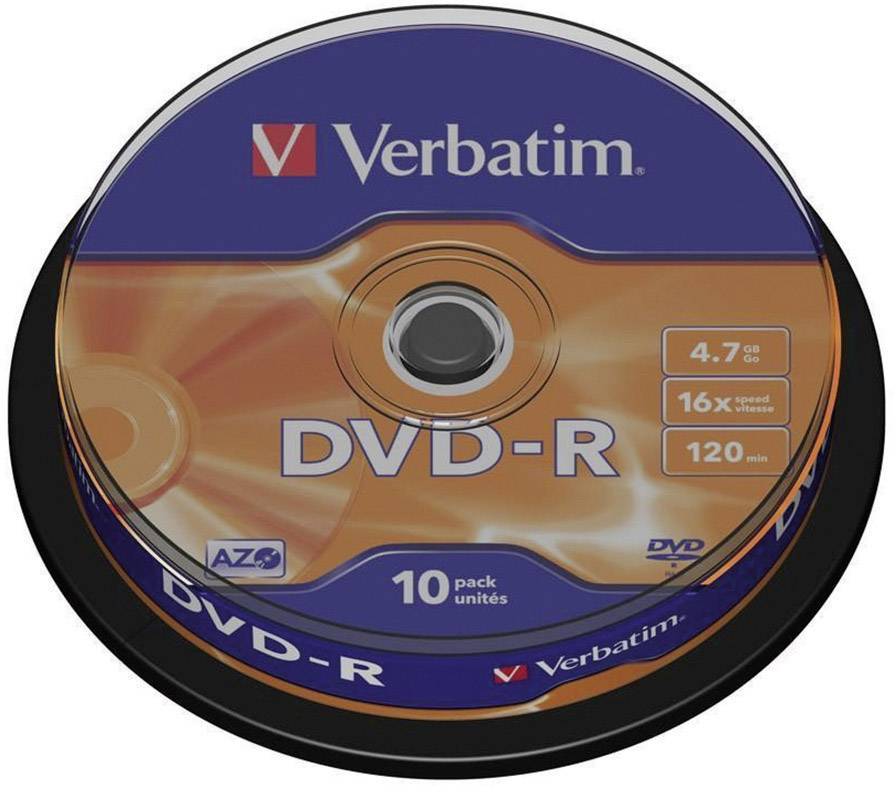 Verbatim DVD-R 10 kusů, 4,7 GB, 16x rychlost, 120 minut. Sada přepisovatelných DVD na černém plastovém nosiči.