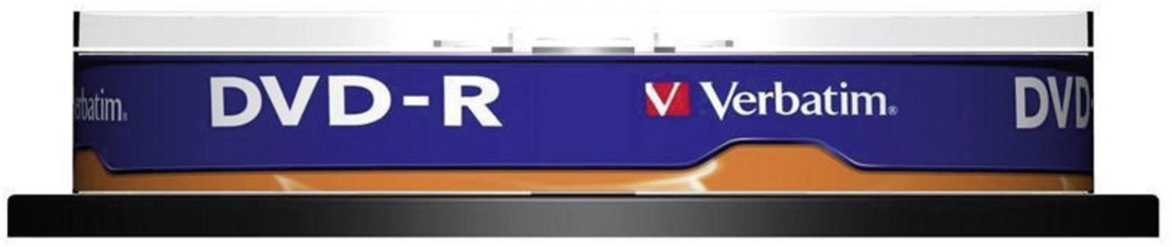 DVD-R spindle od Verbatimu, modro-oranžový obal, obsahuje zapisovatelné DVD disky pro ukládání a archivaci dat.