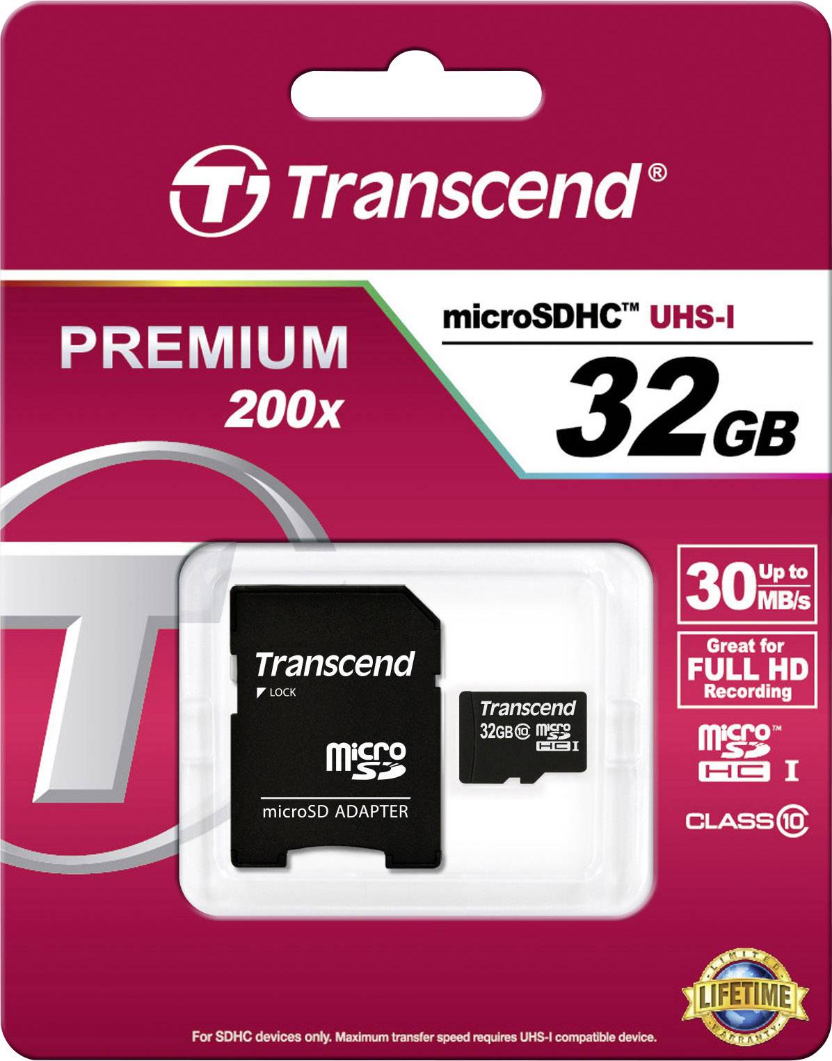 Transcend microSDHC karta, 32 GB, UHS-I, třída 10, s adaptérem. Rychlost až 30 MB/s. Vhodná pro nahrávání Full HD.