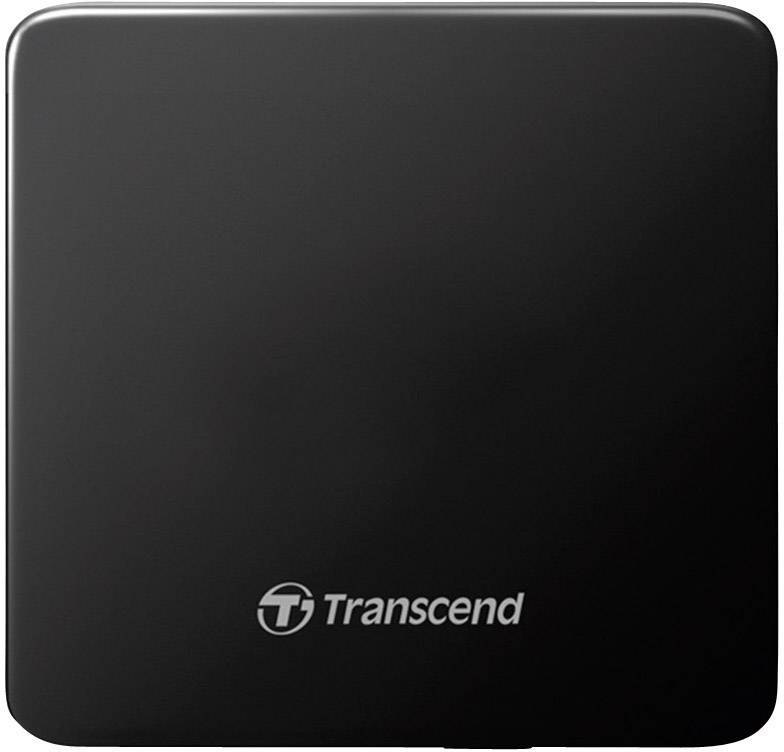 Externí box na pevný disk od Transcendu, čtvercového tvaru, černý kryt s logem značky umístěným uprostřed.