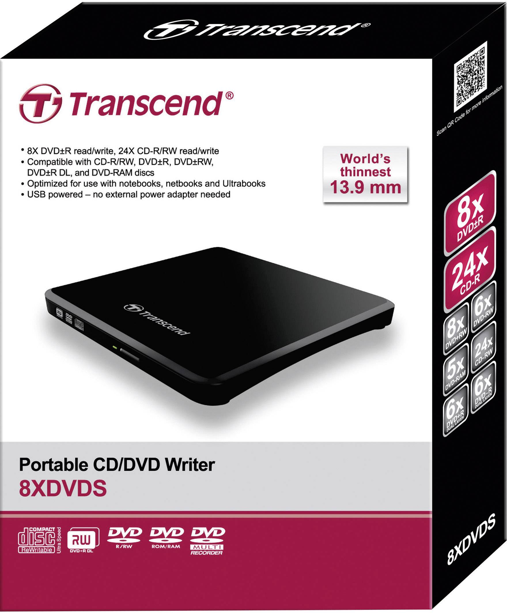 Externí DVD/CD vypalovačka Transcend, model 8XDVDS. Kompatibilní s CD/DVD, USB připojení, nejtenčí design na světě.