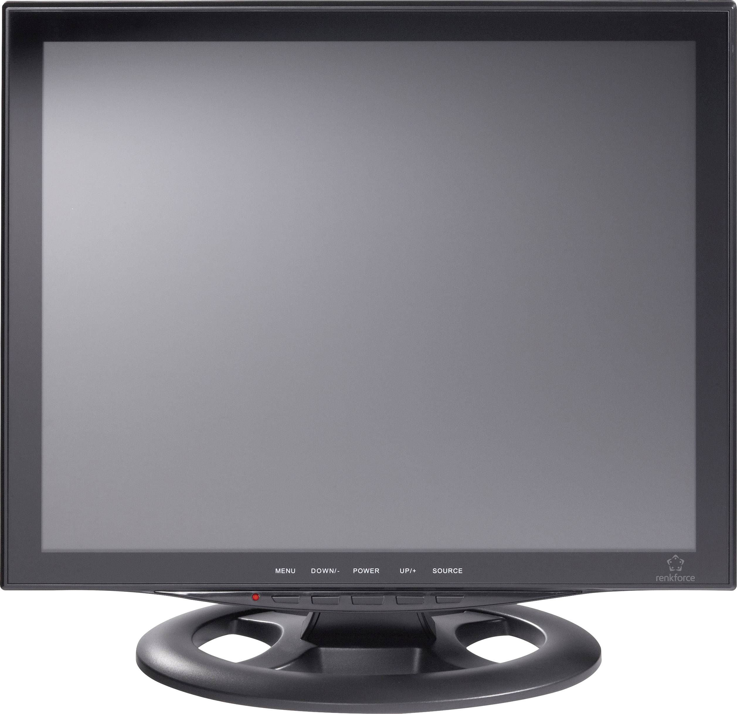 Černý počítačový monitor s tlačítky na přední straně, včetně nápisů 'Menu', 'Dolů', 'Napájení', 'Nahoru', 'Zdroj'. Obrazovka je vypnutá.