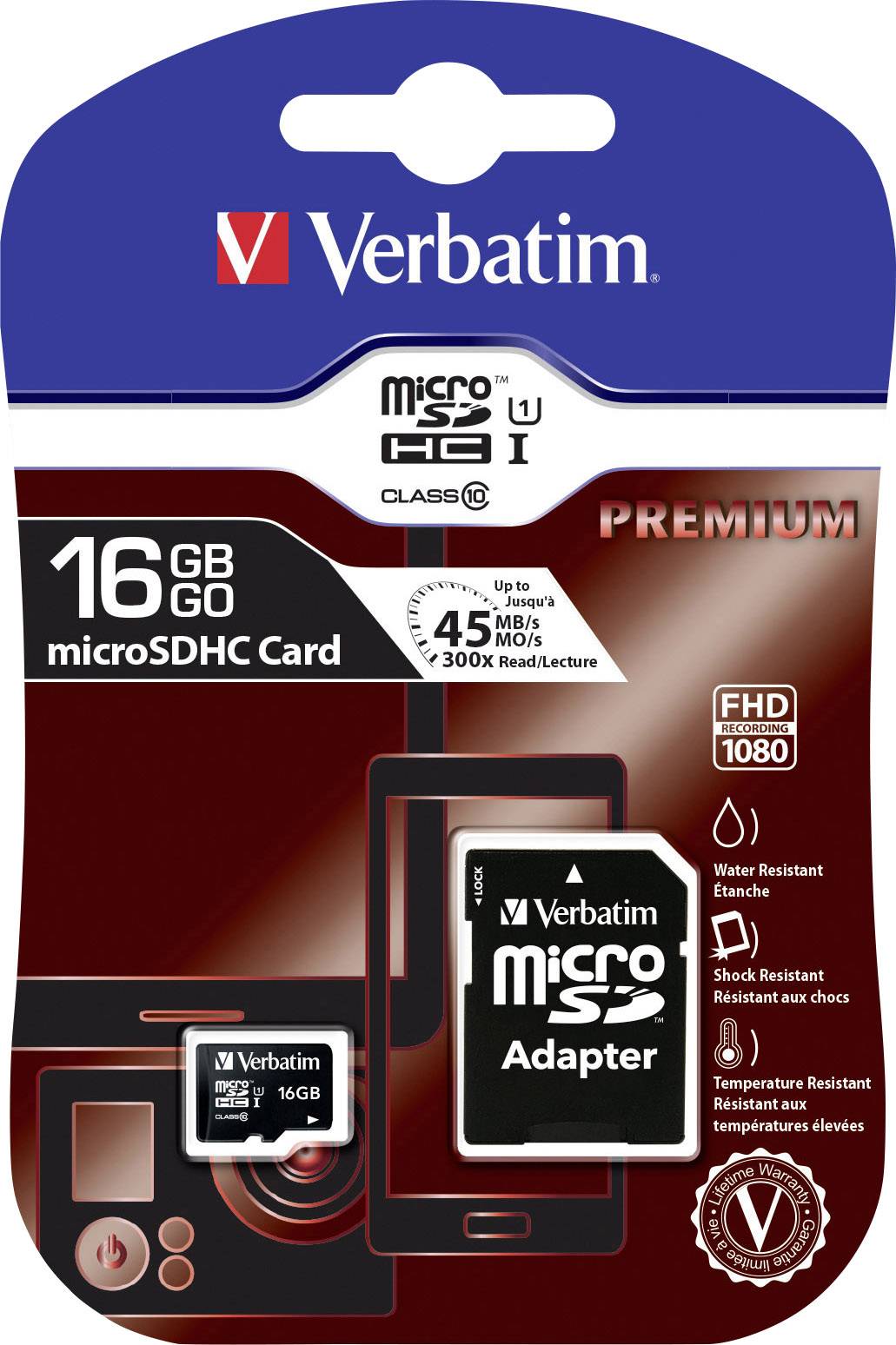 Obal paměťové karty Verbatim 16 GB microSDHC. Obsahuje obrázek adaptéru a upozornění na maximální rychlost čtení až 45 MB/s.