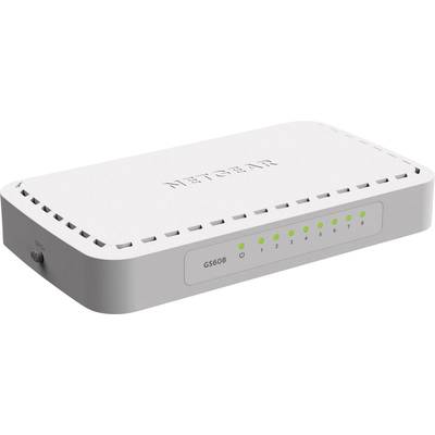 Bílý síťový switch s osmi ethernetovými porty. Na přední straně jsou zelené LED indikátory signalizující připojení.