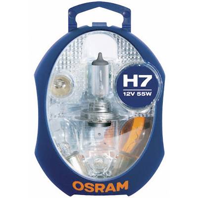 Balení halogenové žárovky Osram H7 s 12V, 55W. Obsahuje náhradní žárovky do světlometů, zabalené v modré plastové krabičce.