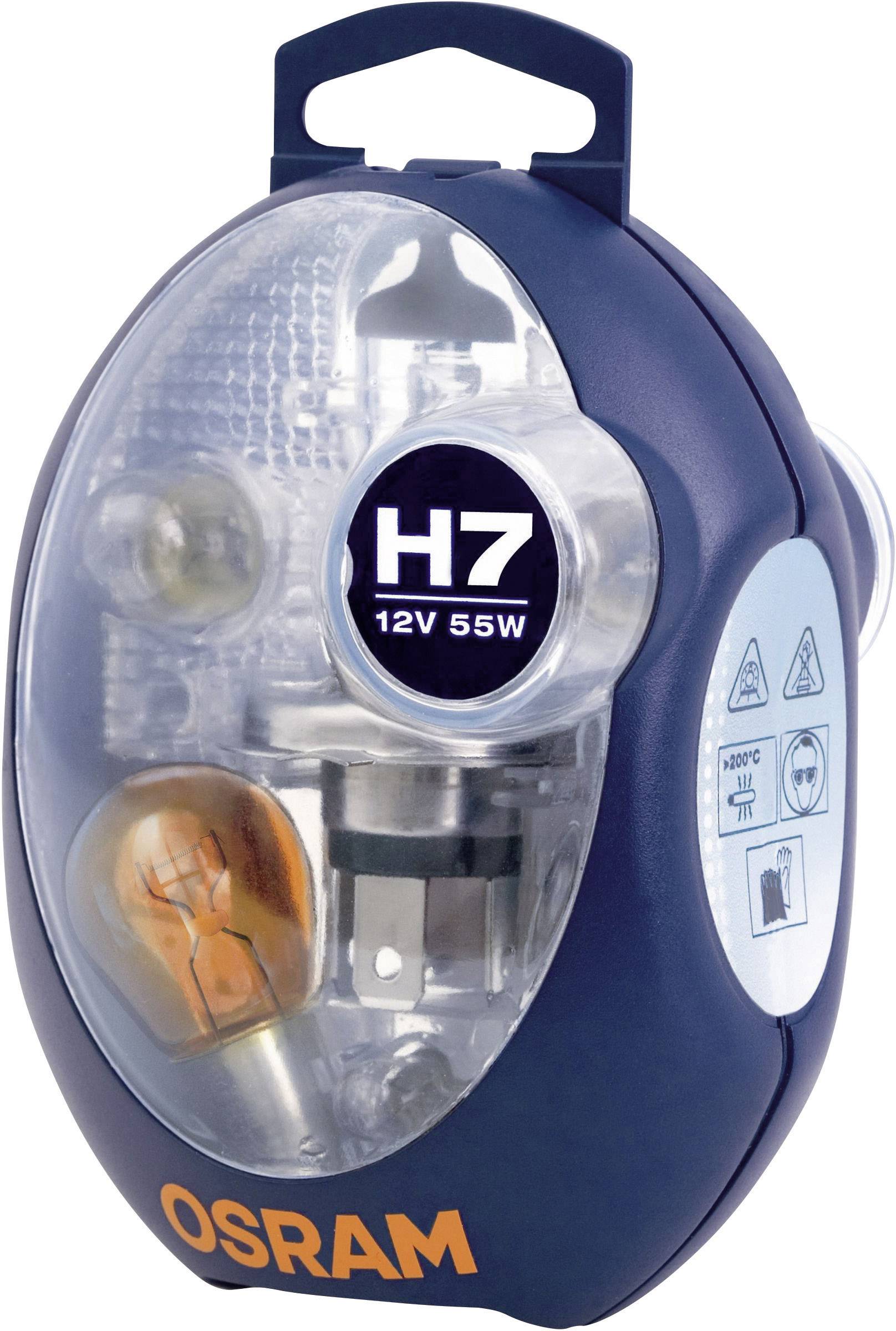 Uzavřený obal sady žárovek Osram H7 12V 55W, rozpoznatelný pomocí průhledného krytu; obsahuje náhradní žárovky.
